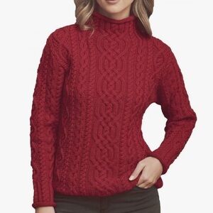 ARAN MOR Ireland 100% merino wool funnel neck sweater cable knit burgundy large